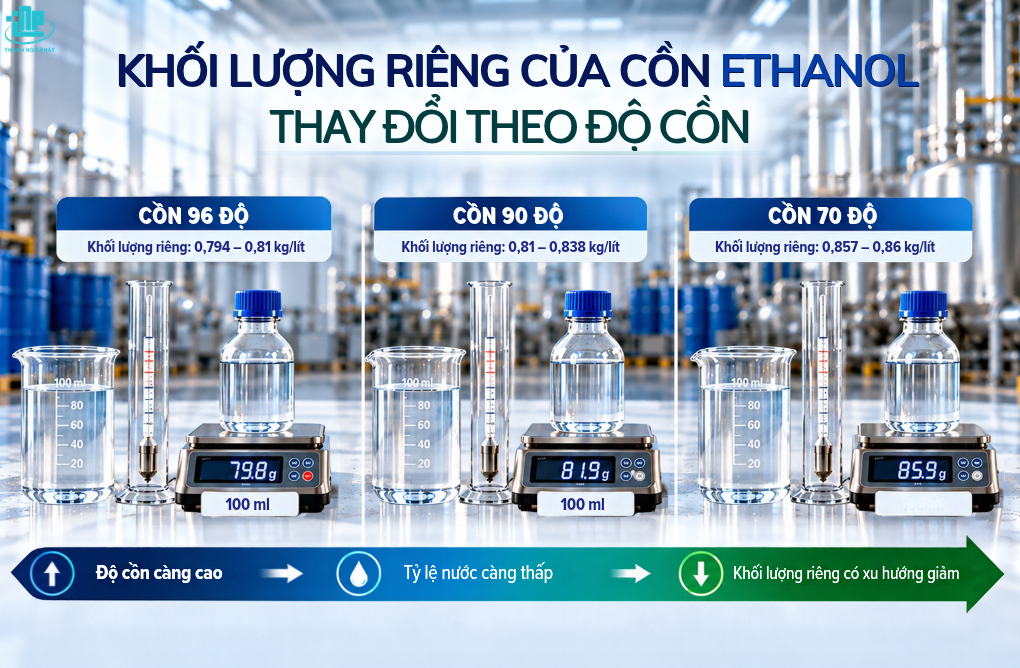 Mua Cồn theo kg hay lít có lợi hơn? Cách quy đổi tỉ trọng chuẩn 1 Khối lượng riêng của Cồn Ethanol thay đổi theo độ Cồn