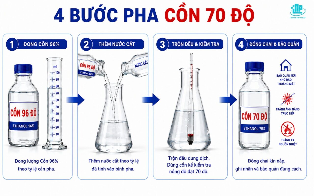 Cách pha chế Cồn 70 độ từ Cồn 96 độ chuẩn, dễ làm tại nhà 3 Quy trình cách pha chế Cồn 70 độ