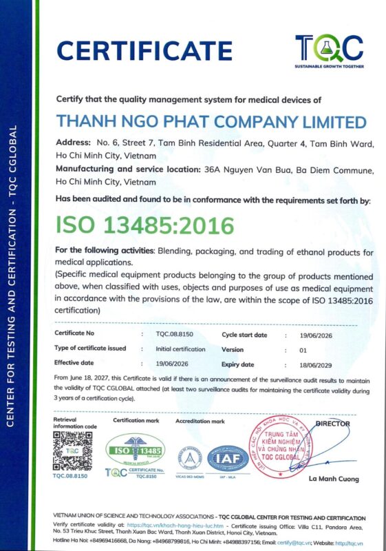 cồn y tế đạt chuẩn ISO 13485 - Thanh Ngo Phat eng