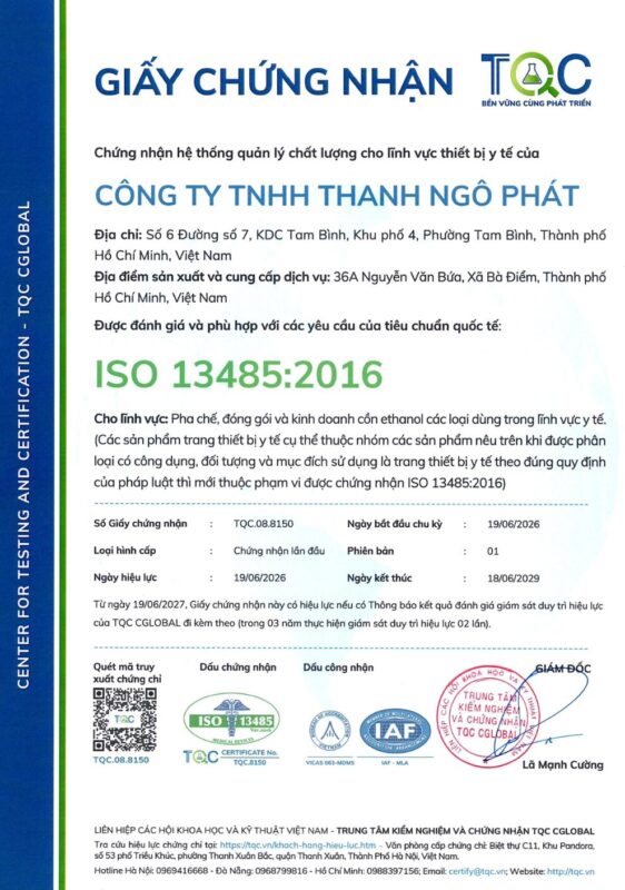 cồn y tế đạt chuẩn ISO 13485 - Thanh Ngo Phat